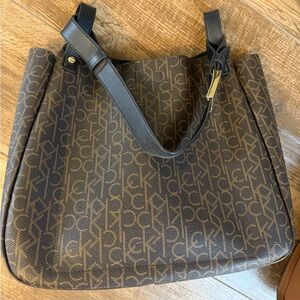 Calvin Klein Brown Logo Canvas Tote with Black Straps
